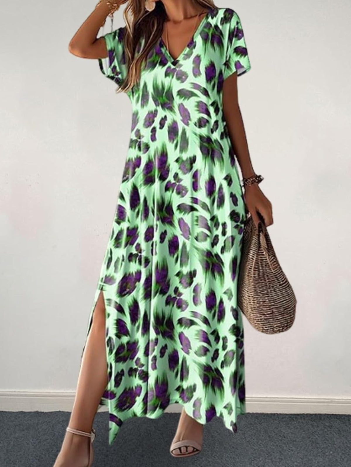 Short Sleeve V Neck A Line Maxi Dress