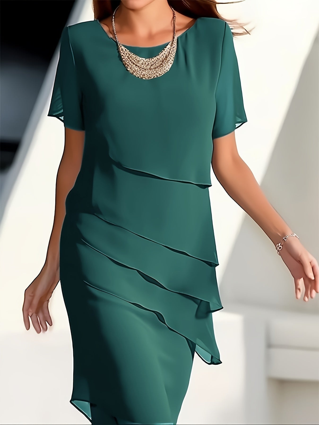 Layered Trim Crew Neck Dress, Elegant Short Sleeve Dress