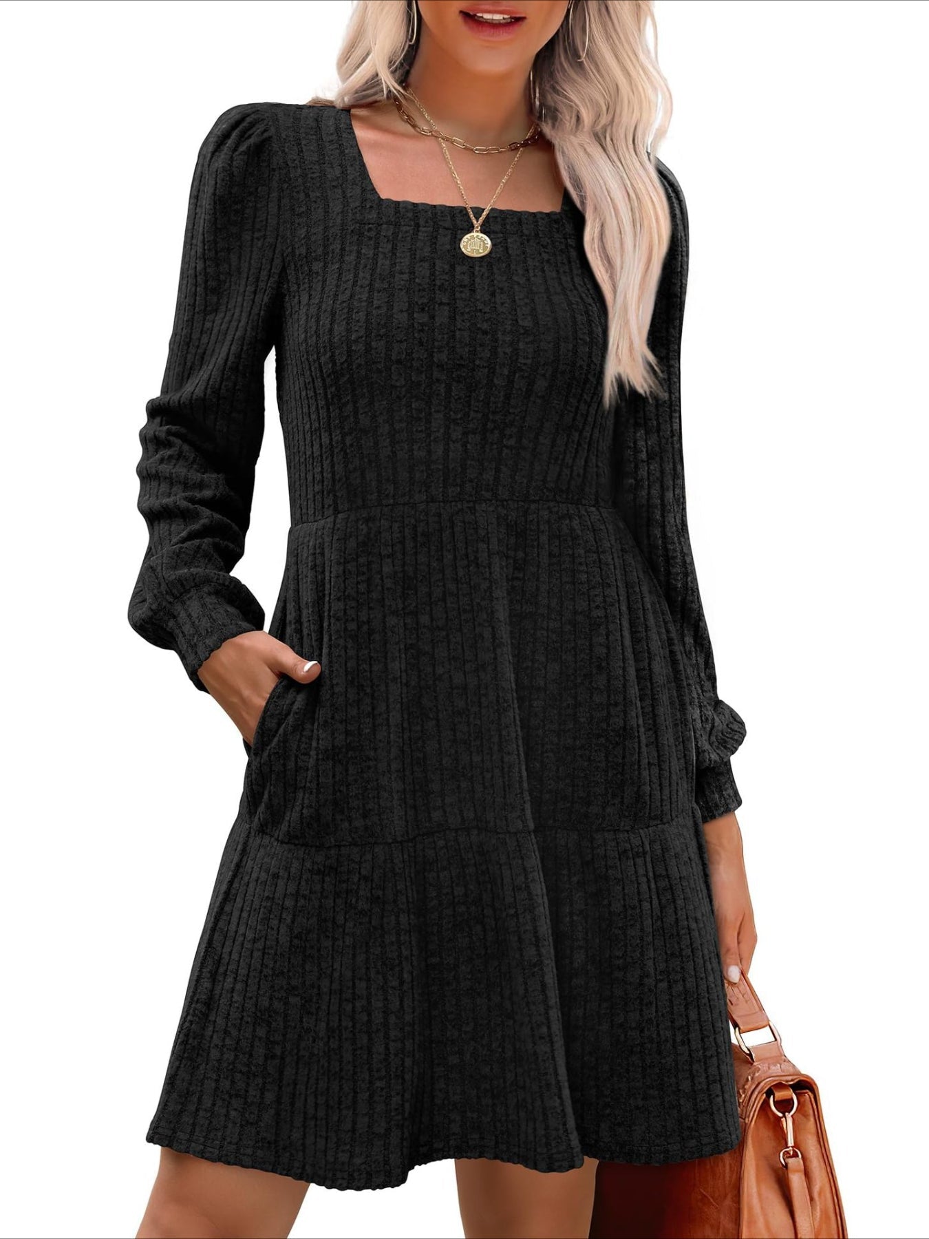 Square Neck Long Sleeve Dress with Pockets