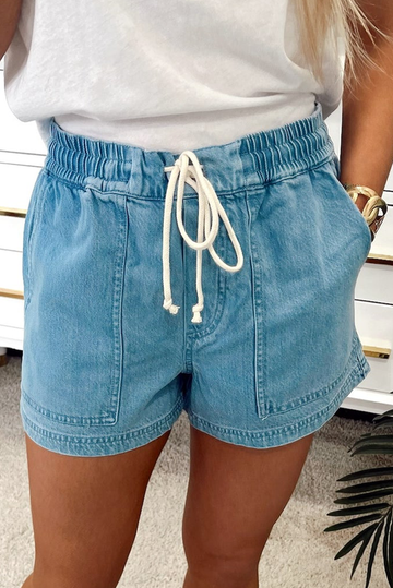 Beau Blue Contrast Drawstring Elastic Waist Denim Shorts