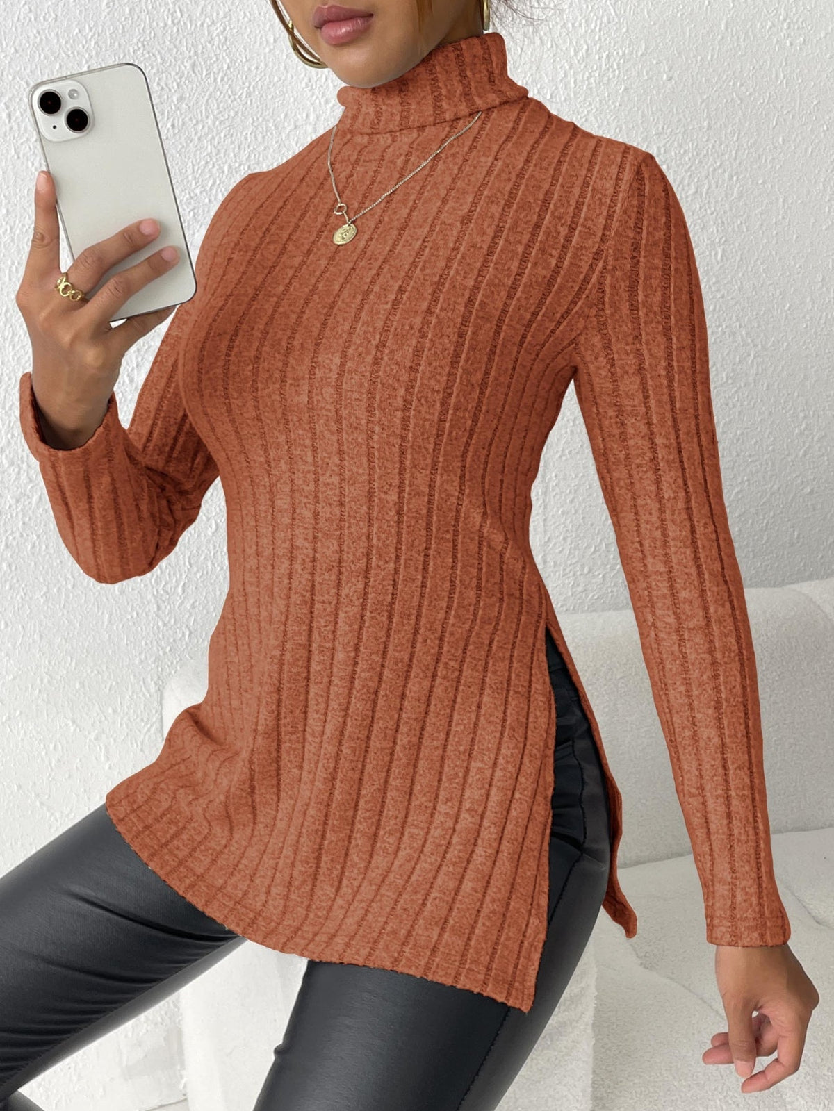 Solid Turtle Neck Rib Knit Top, Casual Long Sleeve Split Top