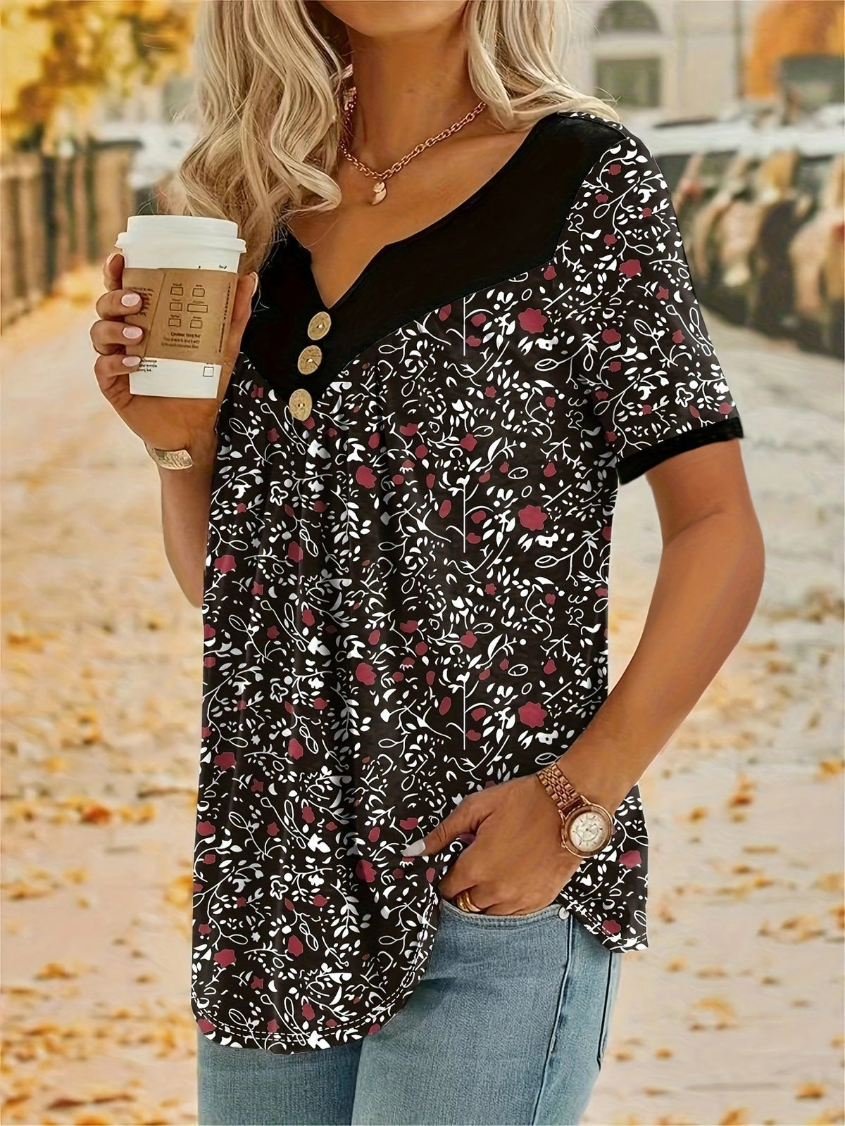 V Neck Floral Print Short Sleeve Top - Comfortable Medium Stretch Polyester Casual Wear for All Seasons - Button Front, Knit Fabric, Random Printing