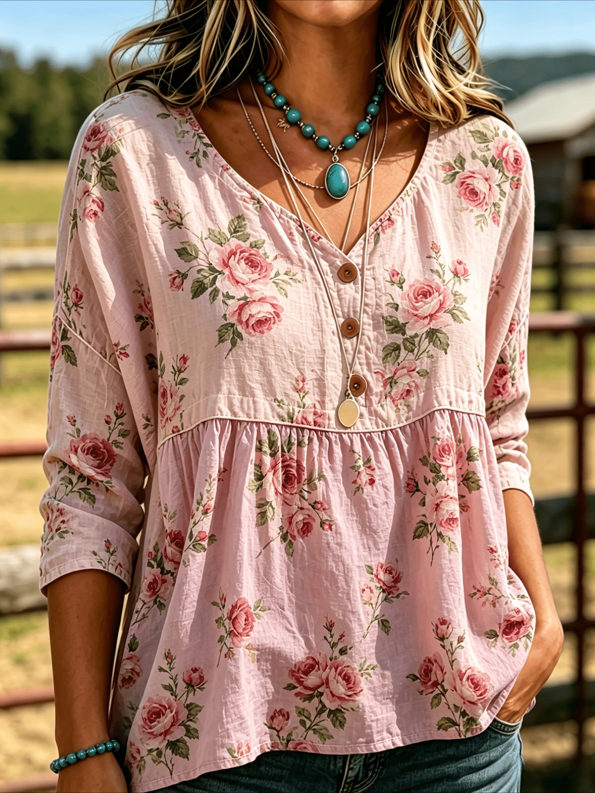 Floral Print 3/4 Sleeve V-Neck Three-Button Front Babydoll Blouse