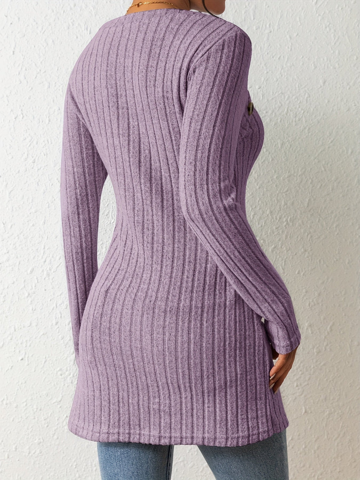 Button Decor Asymmetrical Hem T-Shirt, Casual Ribbed Long Sleeve Top