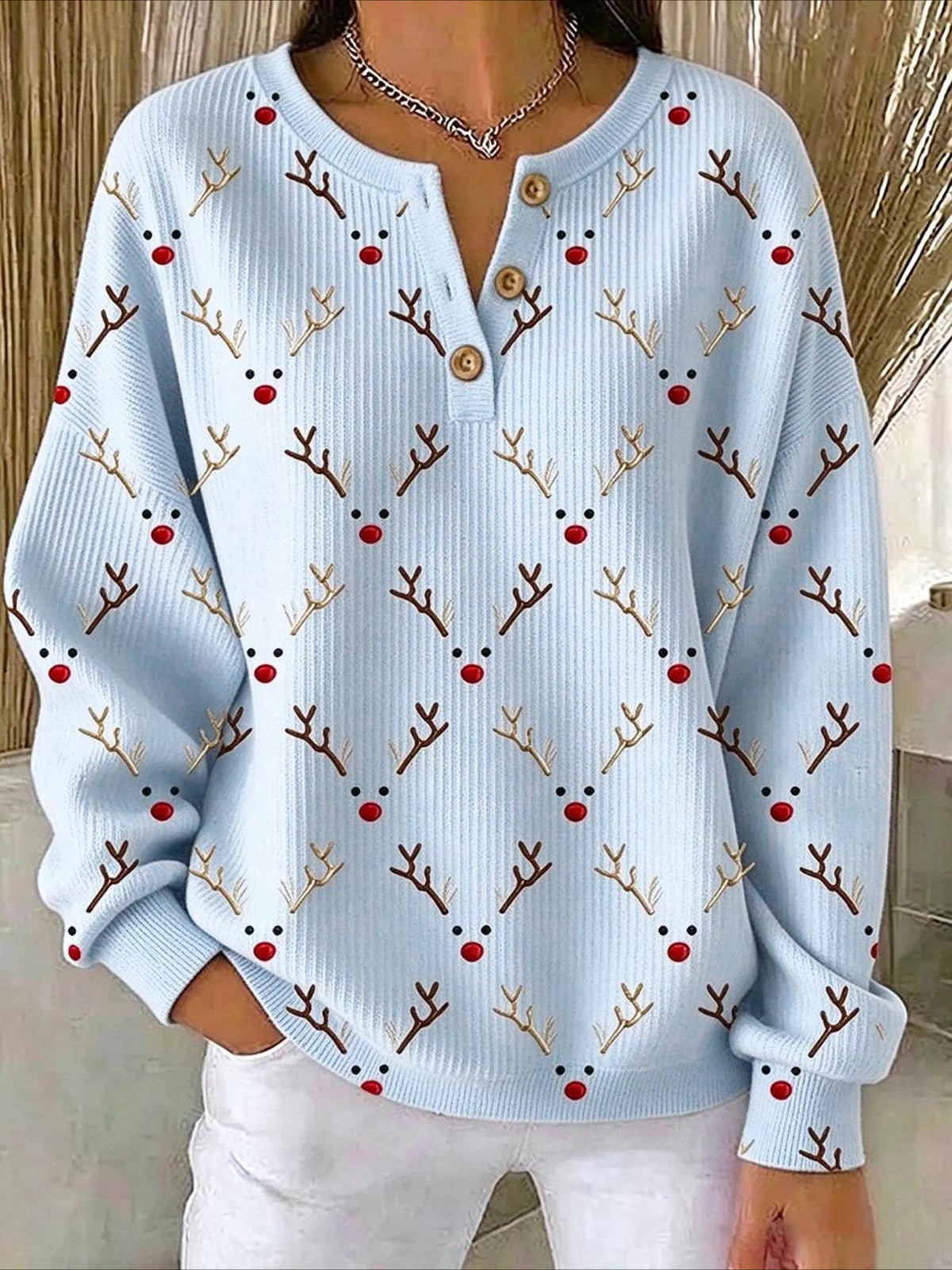 Christmas Vintage Buckle Henley Collar Sweatshirt