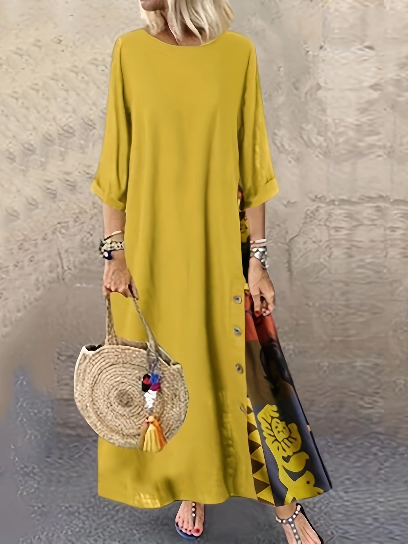 Tribal Print Crew Neck Panel Dress, Casual Long Sleeve Loose Maxi Dress