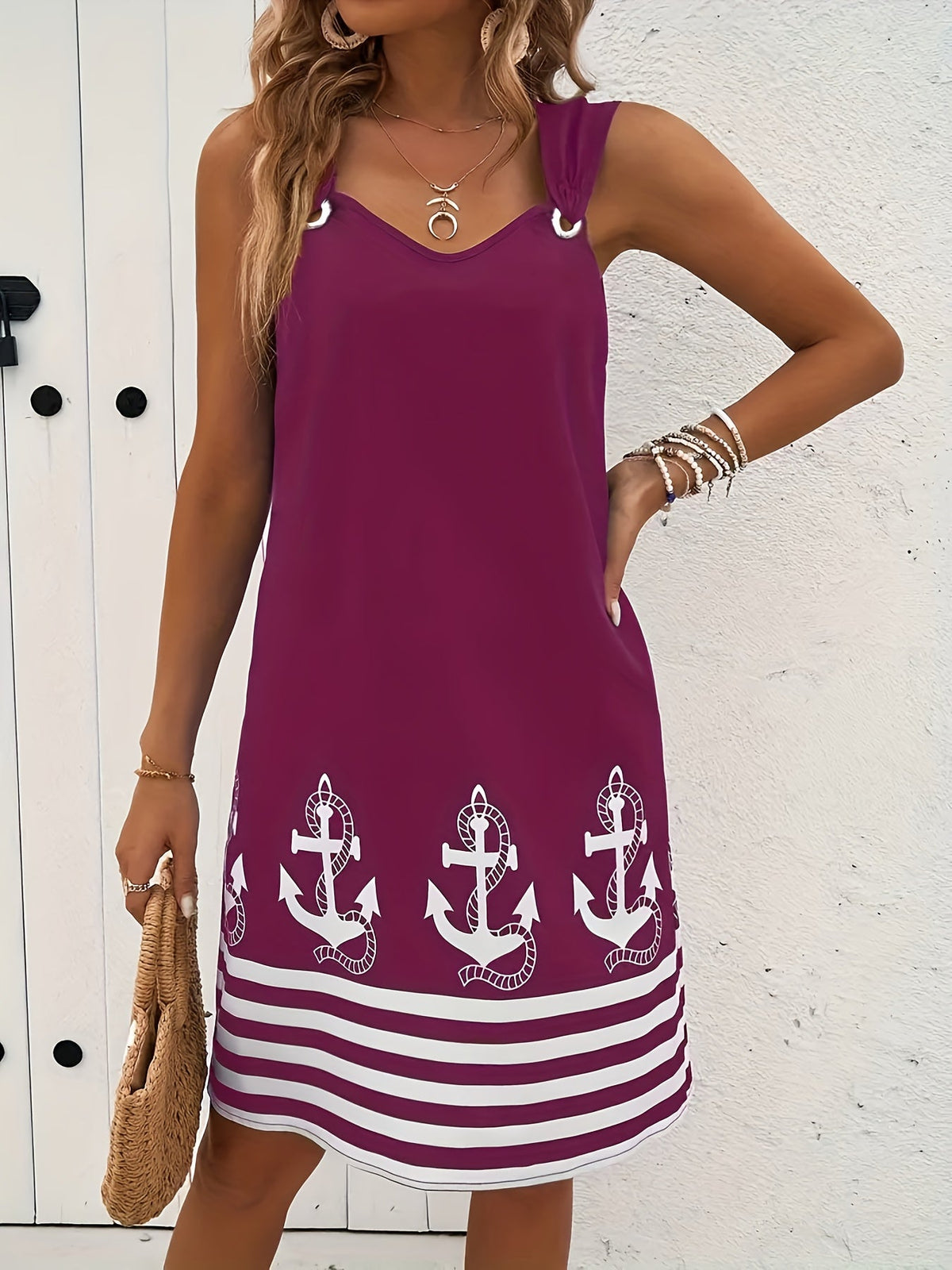 Floral & Striped Print Sleeveless V-Neck Dress