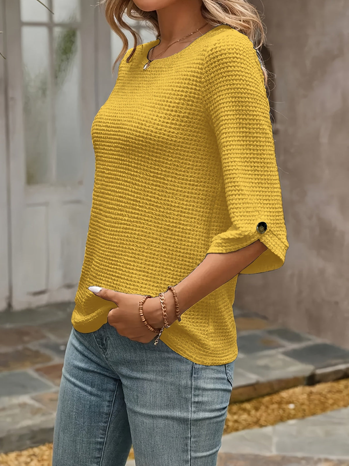 Elegant 3/4 Sleeve Loose Fit Round Neck Solid Color T-Shirt with Decorative Buttons