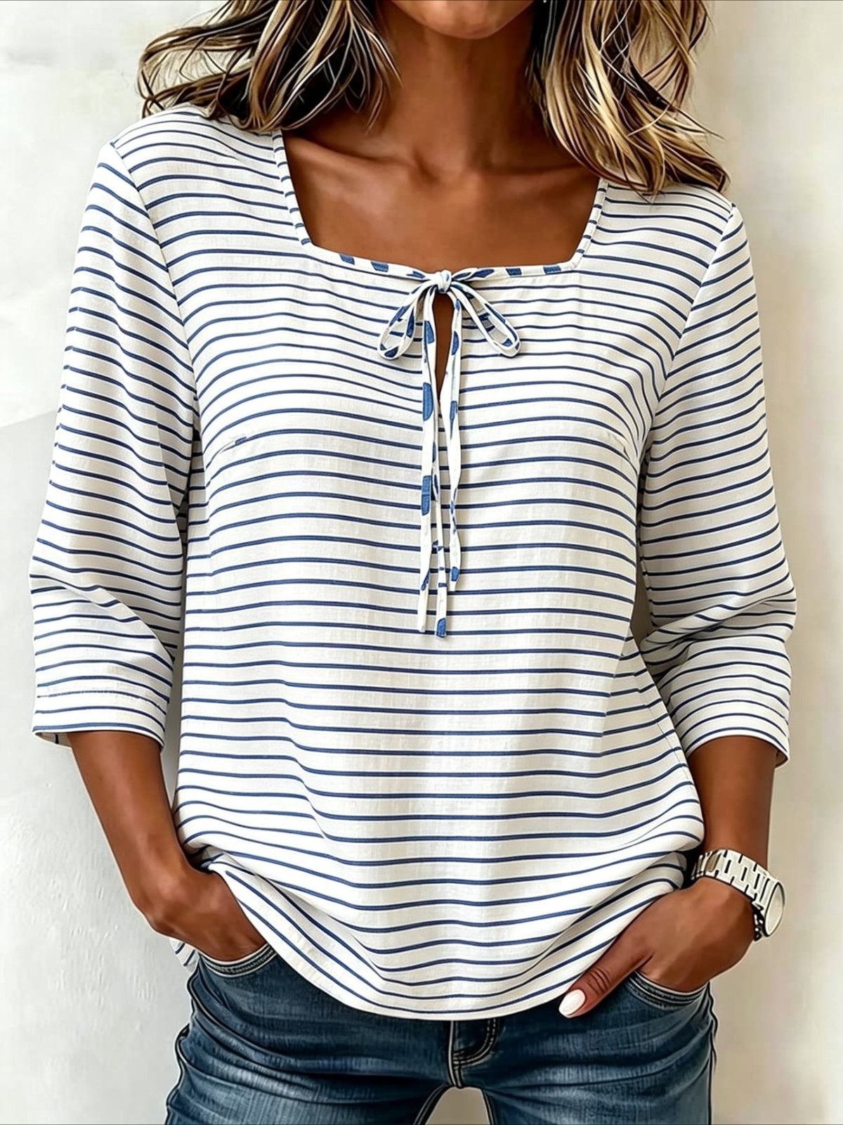 Floral Print Square Collar Lace up Seven Quarter Sleeve Top