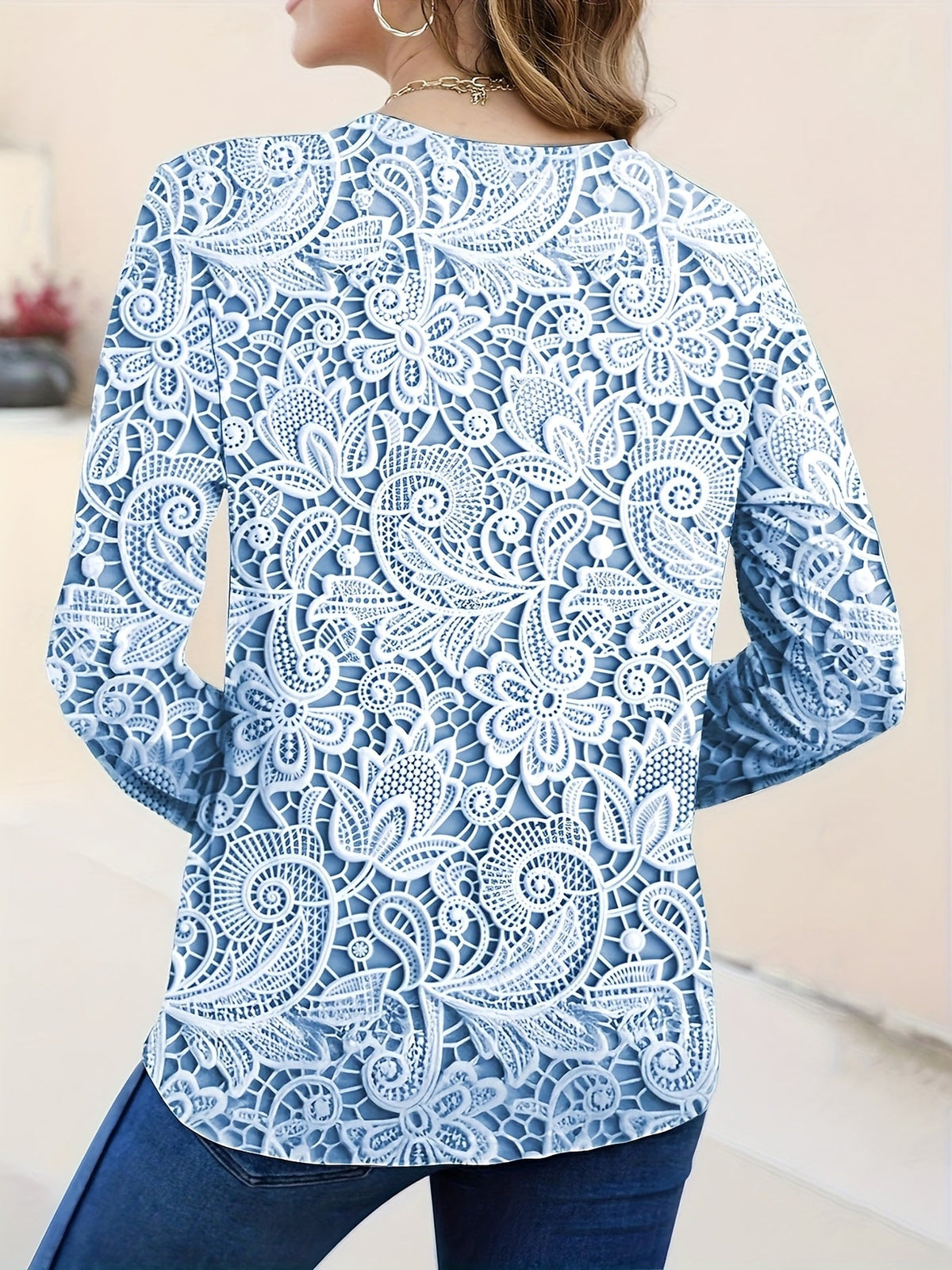 Elegant Floral Print High-Stretch Round Neck Long Sleeve Top