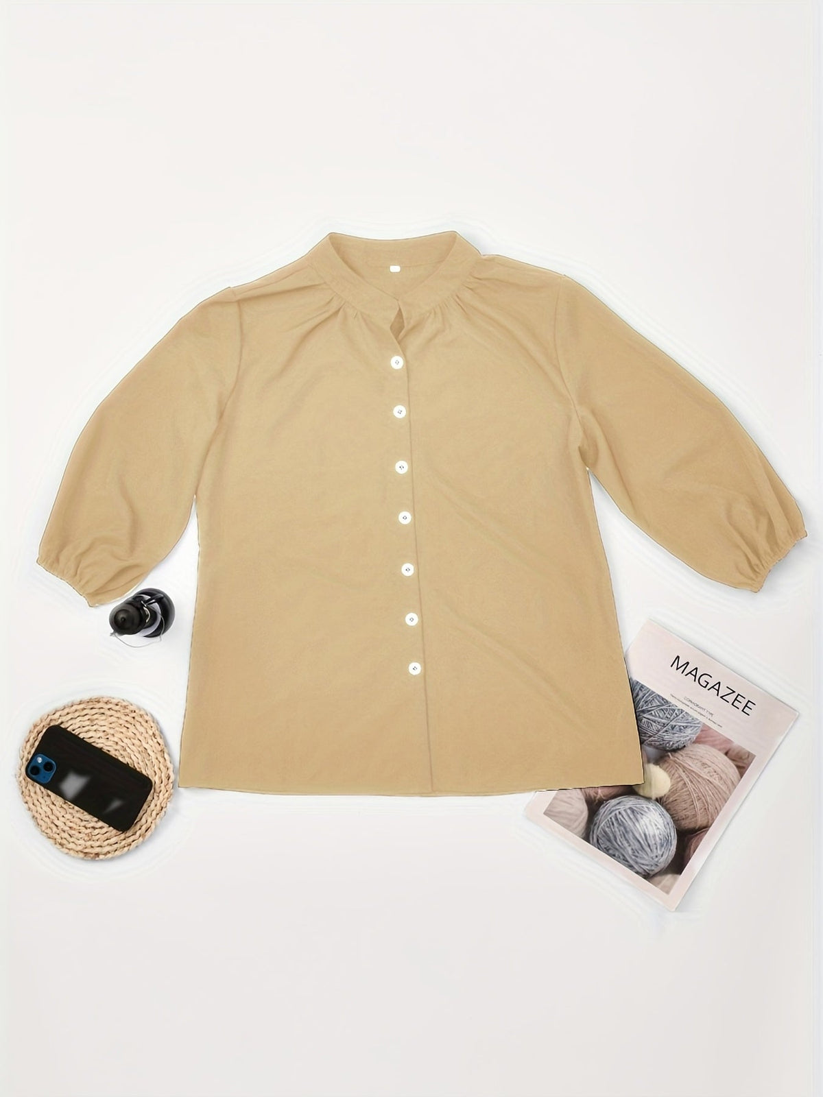 Solid Button Front Blouse, Casual Stand Collar Long Sleeve Blouse