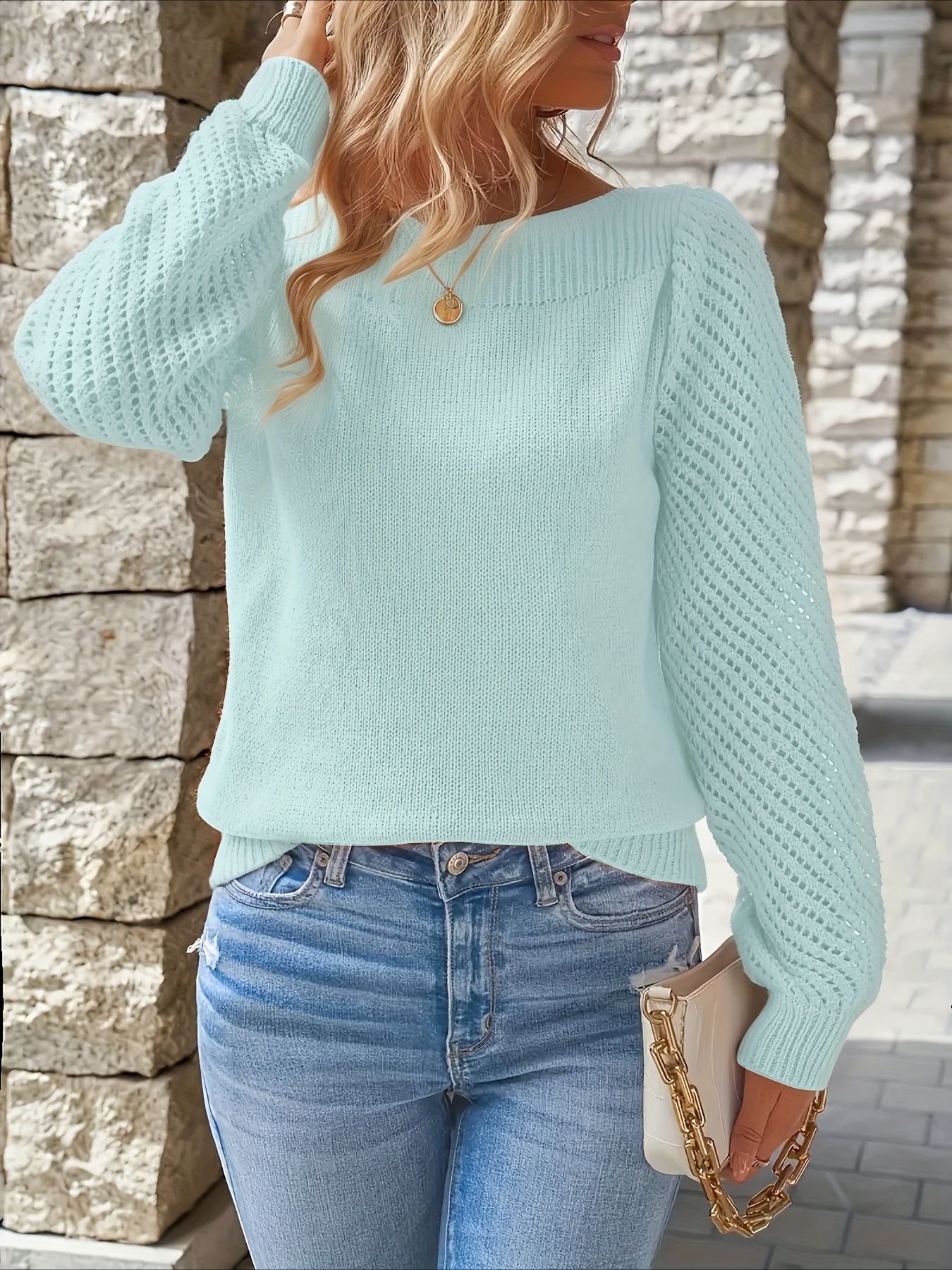 Middle Eastern Style Long Sleeve Solid Color Crew Neck Pullover Sweater