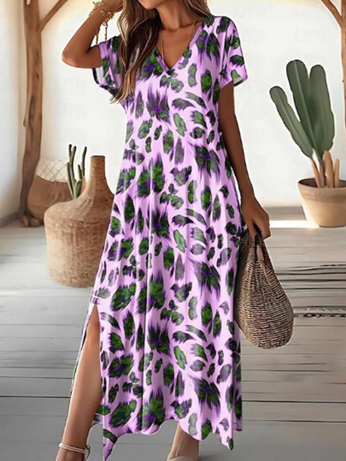 Short Sleeve V Neck A Line Maxi Dress
