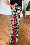 Red Contrast Detail Tie Waist Leopard Print Casual Pants