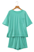 Mint Green Raw Edge Patch Pocket Oversized Top and Shorts Set