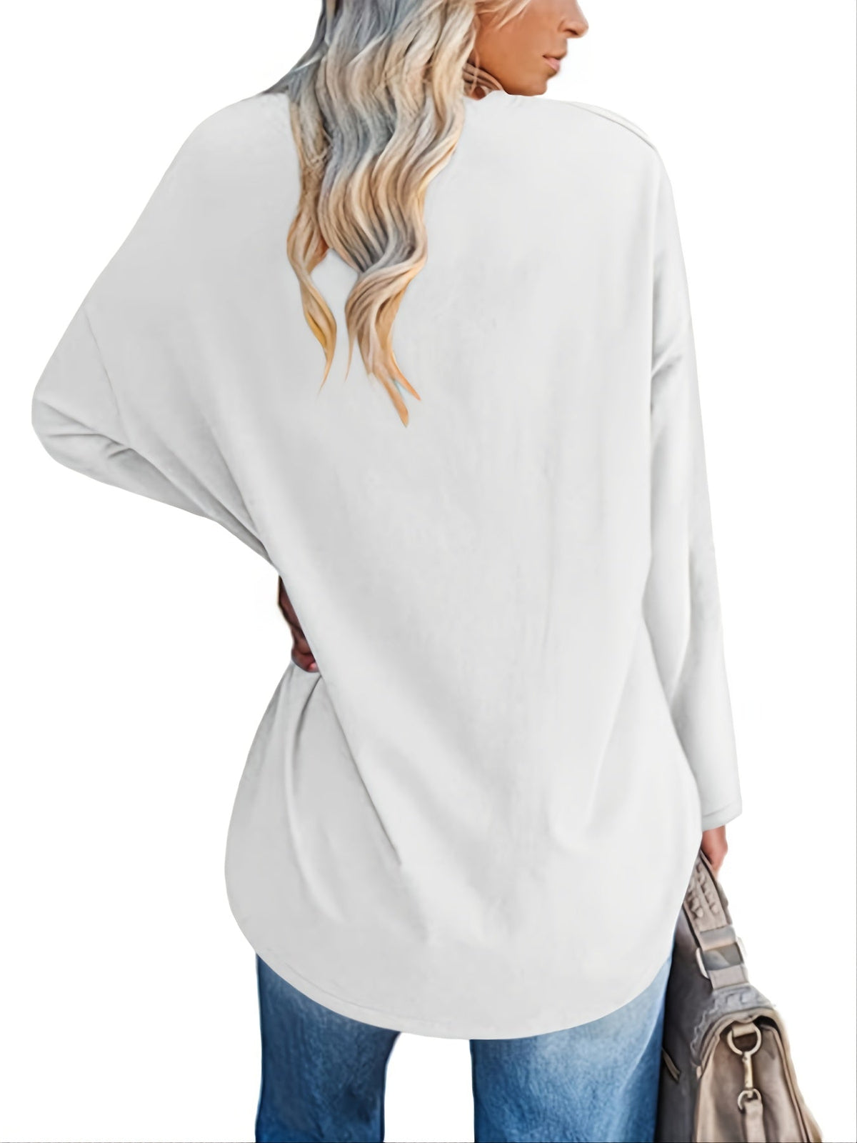 Women's Solid Color Oversized Tops, V-Neck Long Sleeve T-Shirts, Casual Loose Shirts