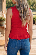 Fiery Red Shirred Slim Fit Ruffle Hem Tank Top