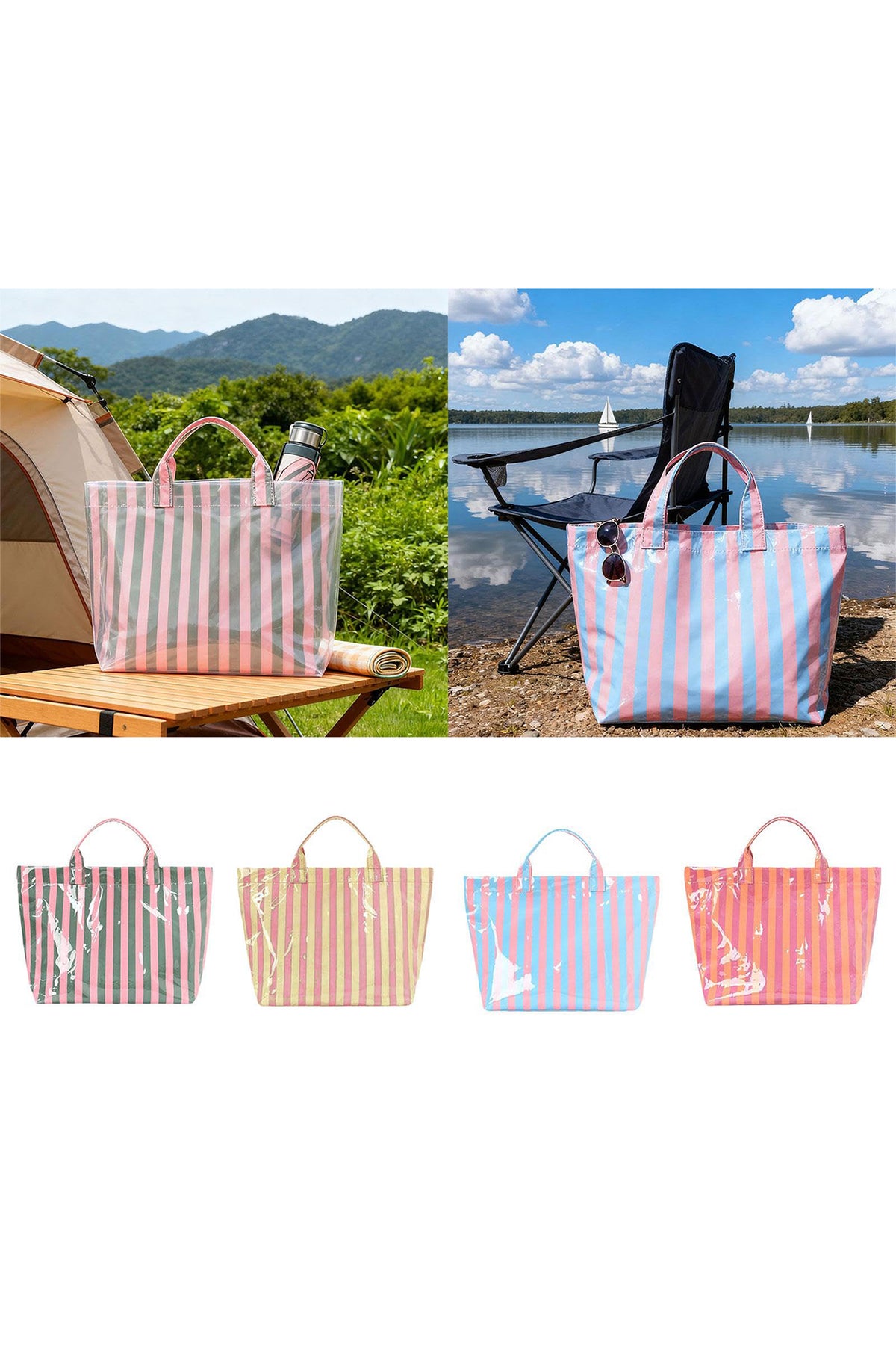 Pink Glossy Striped Vinyl Large Tote Bag (Color Varied)