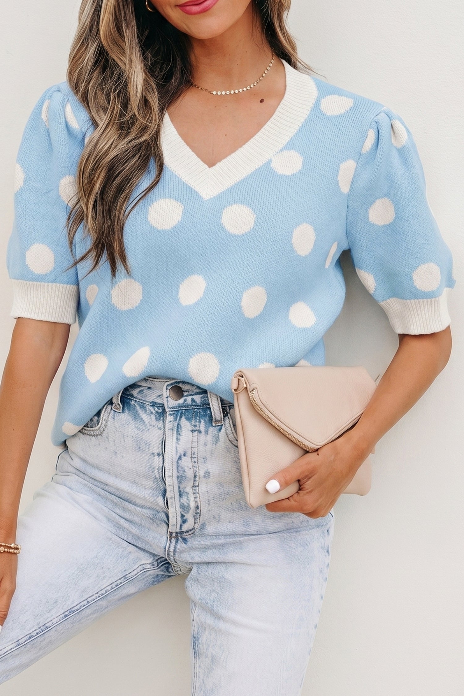 Light Blue Polka Dot Puff Short Sleeve Sweater Top