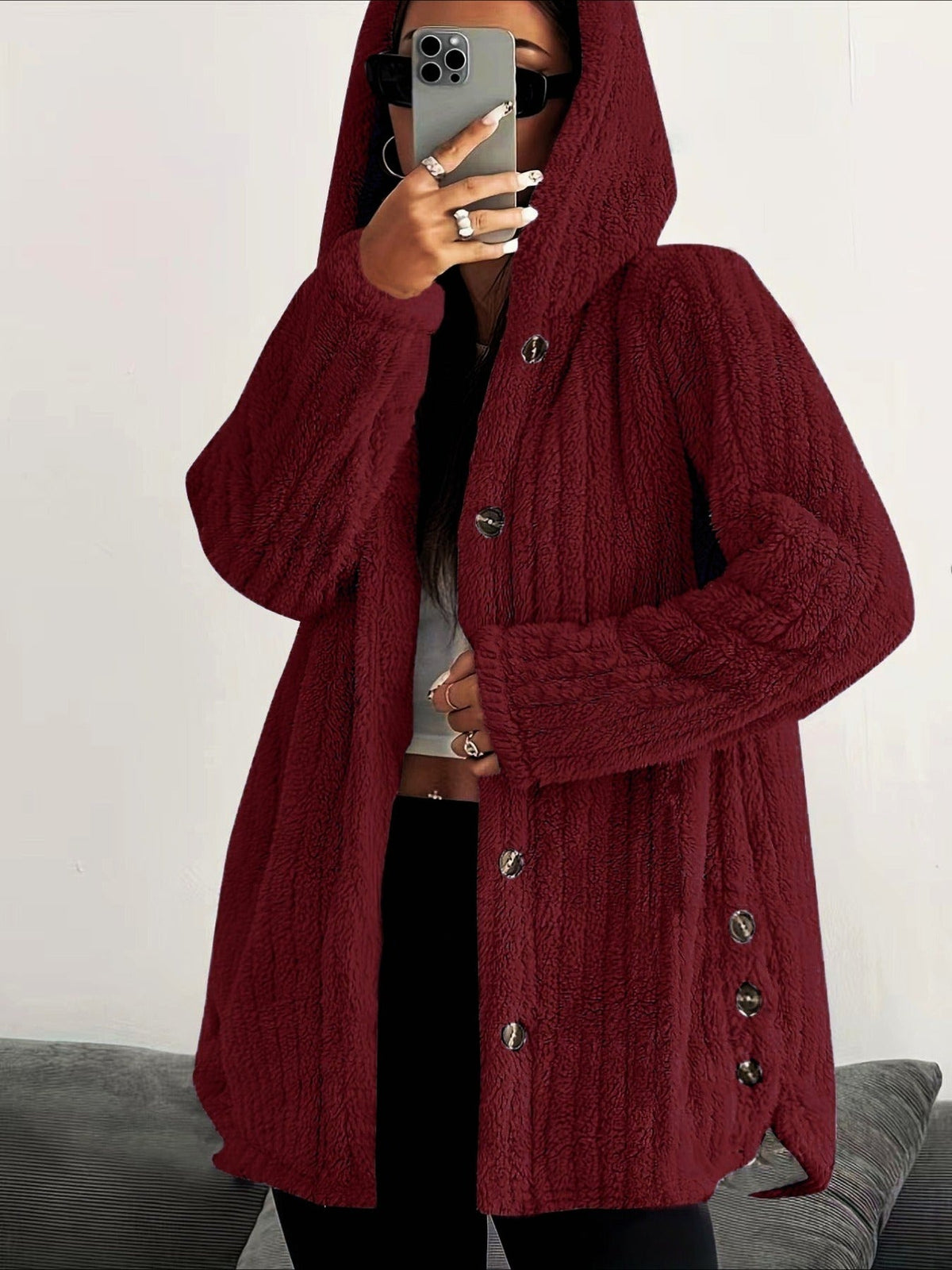 Solid Color Long Sleeve Hooded Loose Jacket