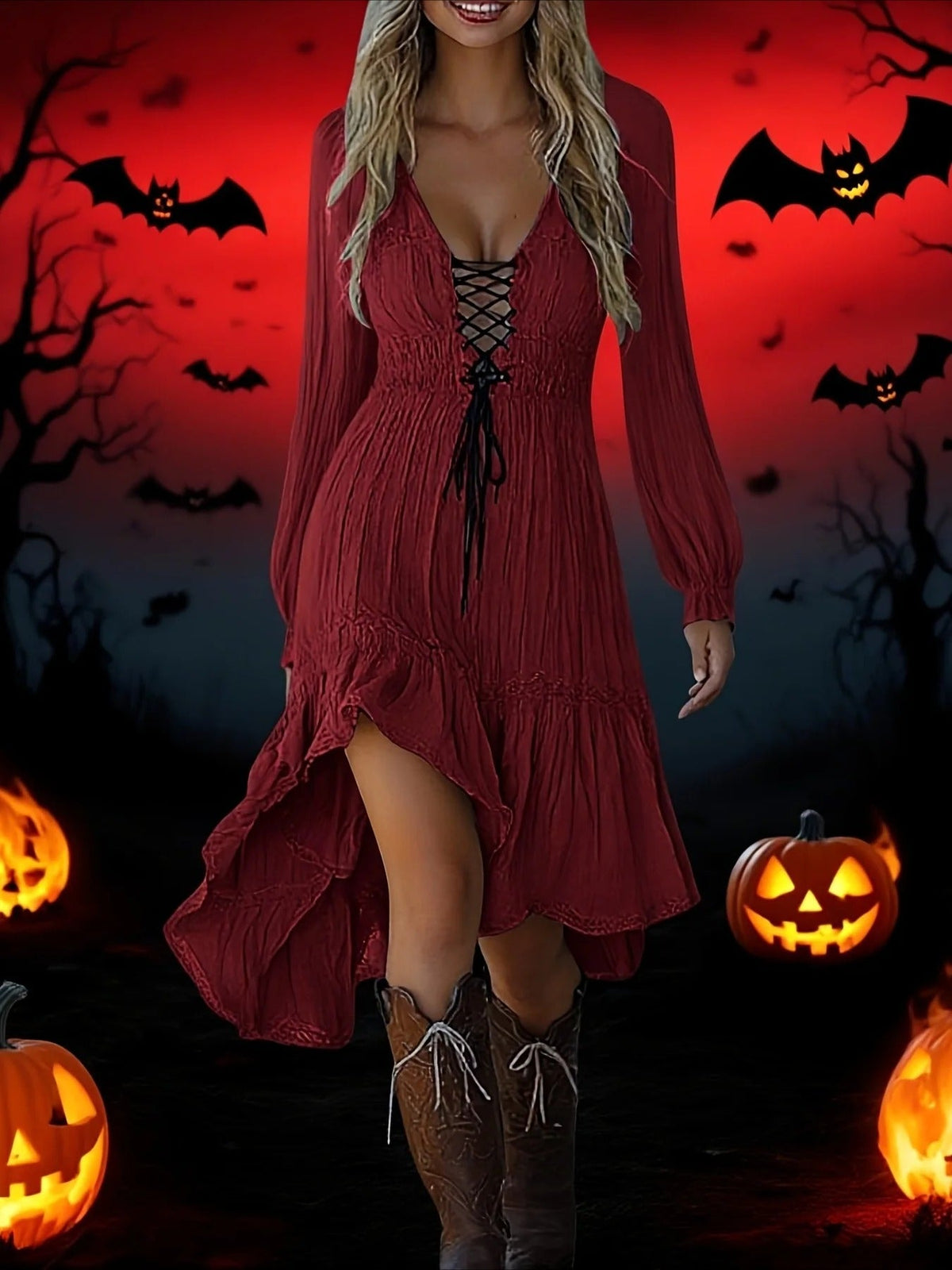 Solid Color Elegant Long Sleeve V-Neck Midi Dress
