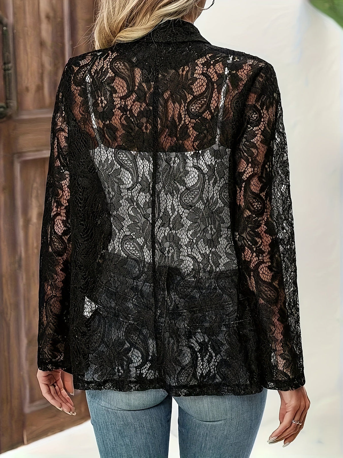 Floral Pattern Open Front Blazer, Elegant Long Sleeve Outerwear