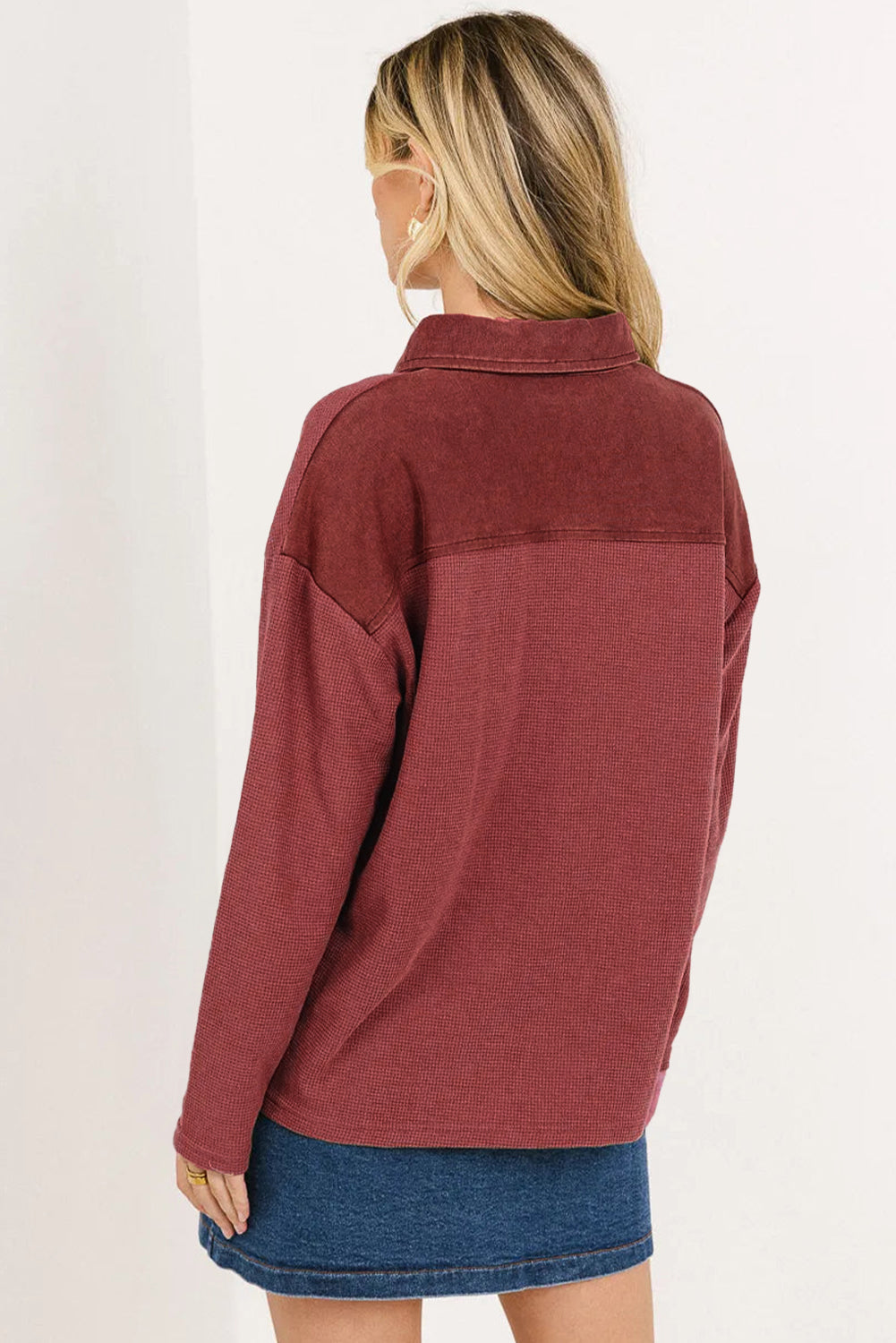 Red Dahlia Solid Color Long Sleeve Thermal Knit Polo Collar Patchwork Top