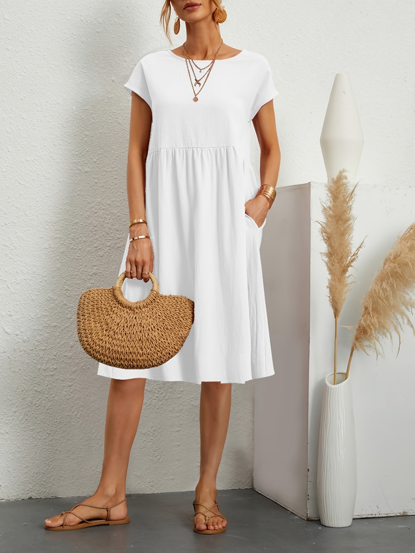 Solid Crew Neck Dress With Pocket, Casual Short Sleeve Midi Dress