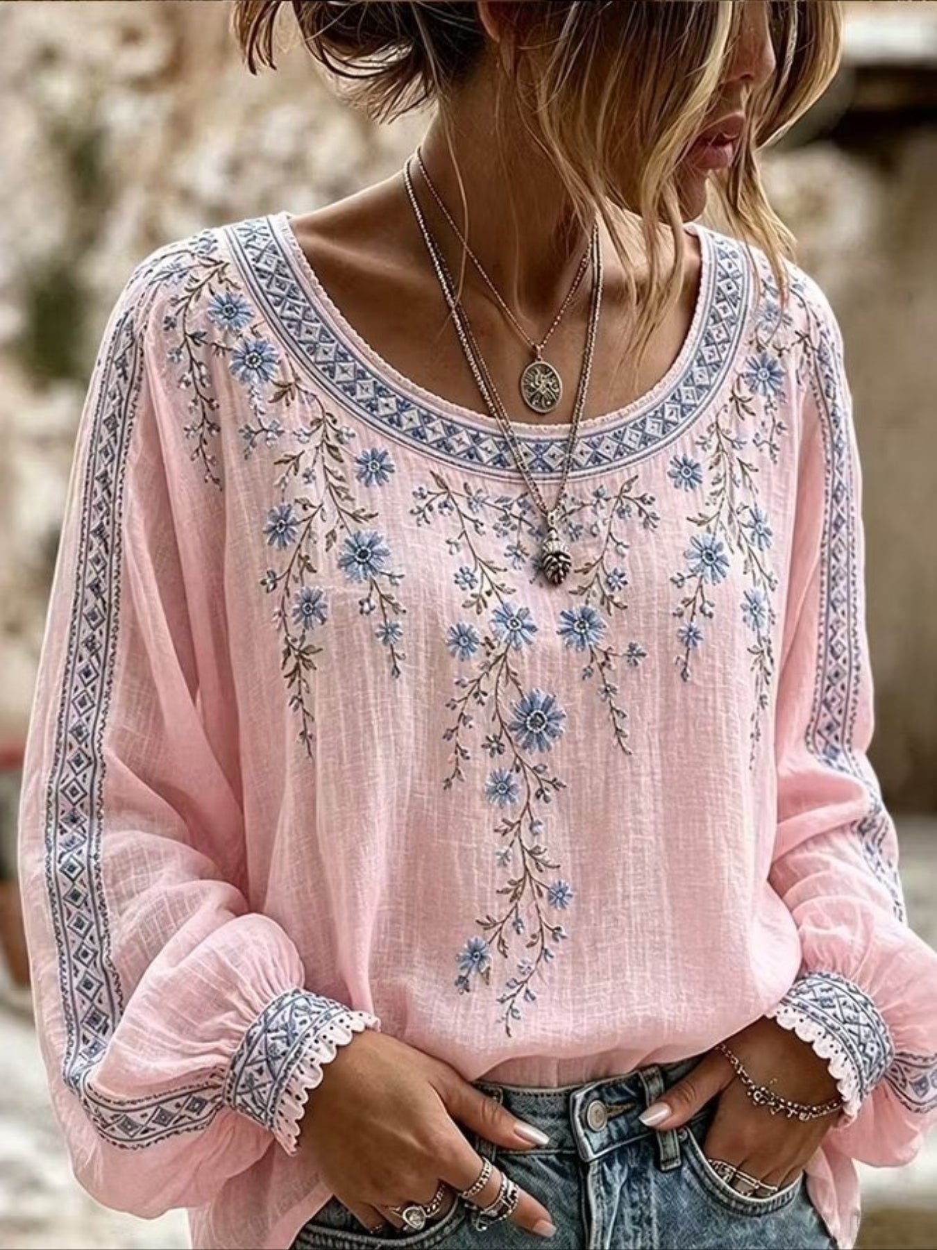 Floral Crew Neck Long Sleeve Blouse