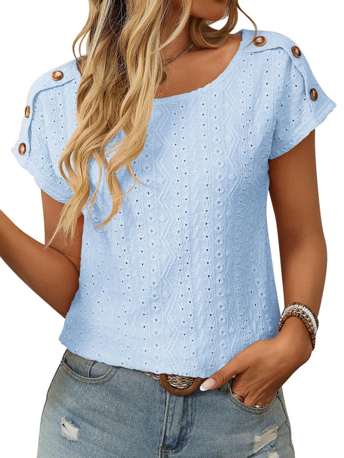 Solid Color Round Neck Shoulder Button Embroidery Hollow Short Sleeved T-shirt