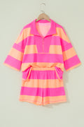 Pink Half Zipper Placket Bracelet Sleeve Top Casual Shorts Set