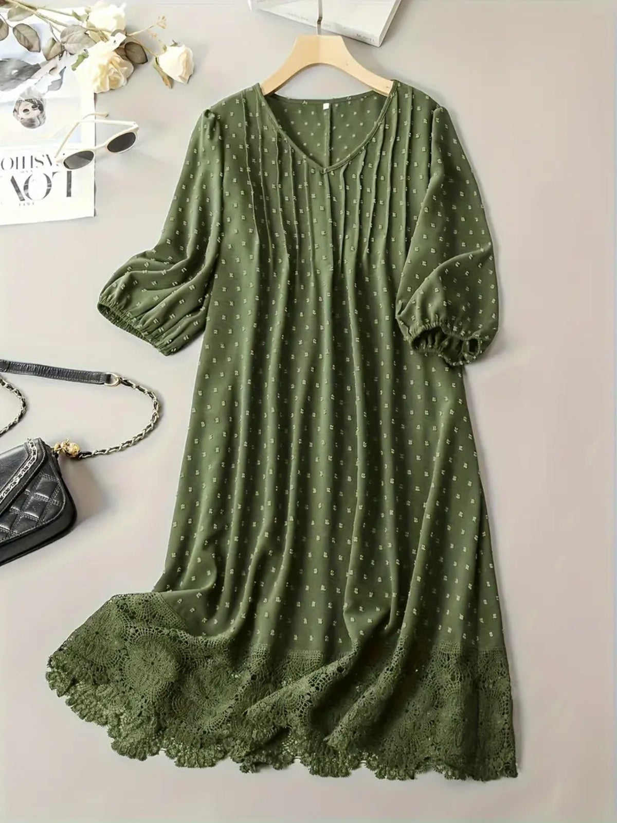 Swiss Dot Dress, Elegant V Neck with Lace Hem