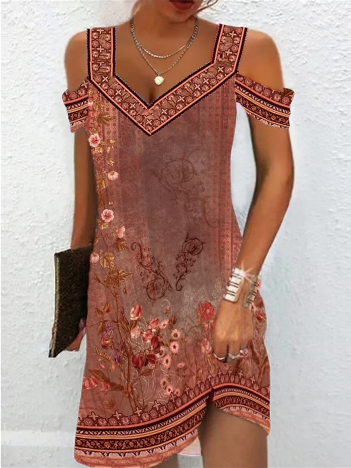 Chic Blossom Cold-Shoulder Dress, Effortless V-Neck Fit, Short Sleeves, Perfect for Casual Outings