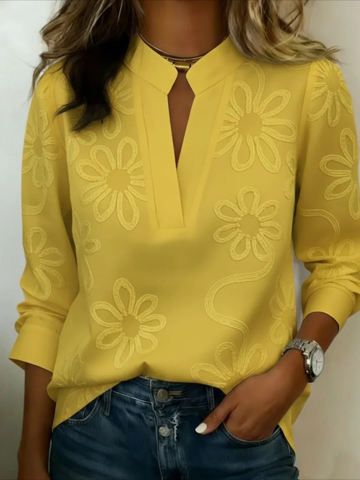 Button-Down V-Neck Printed Long Sleeve Shirt