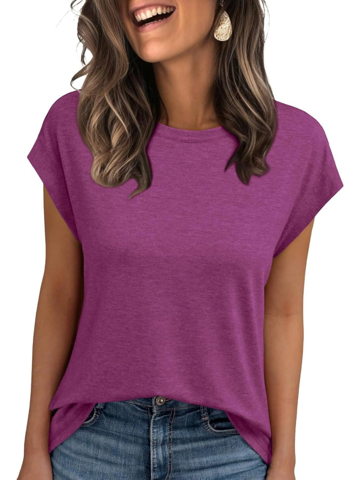 Solid Color Round Neck Cap Sleeve T Shirts