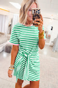 Green Stripe Nautical Tie Contrast Trim Round Neck T Shirt Mini Dress