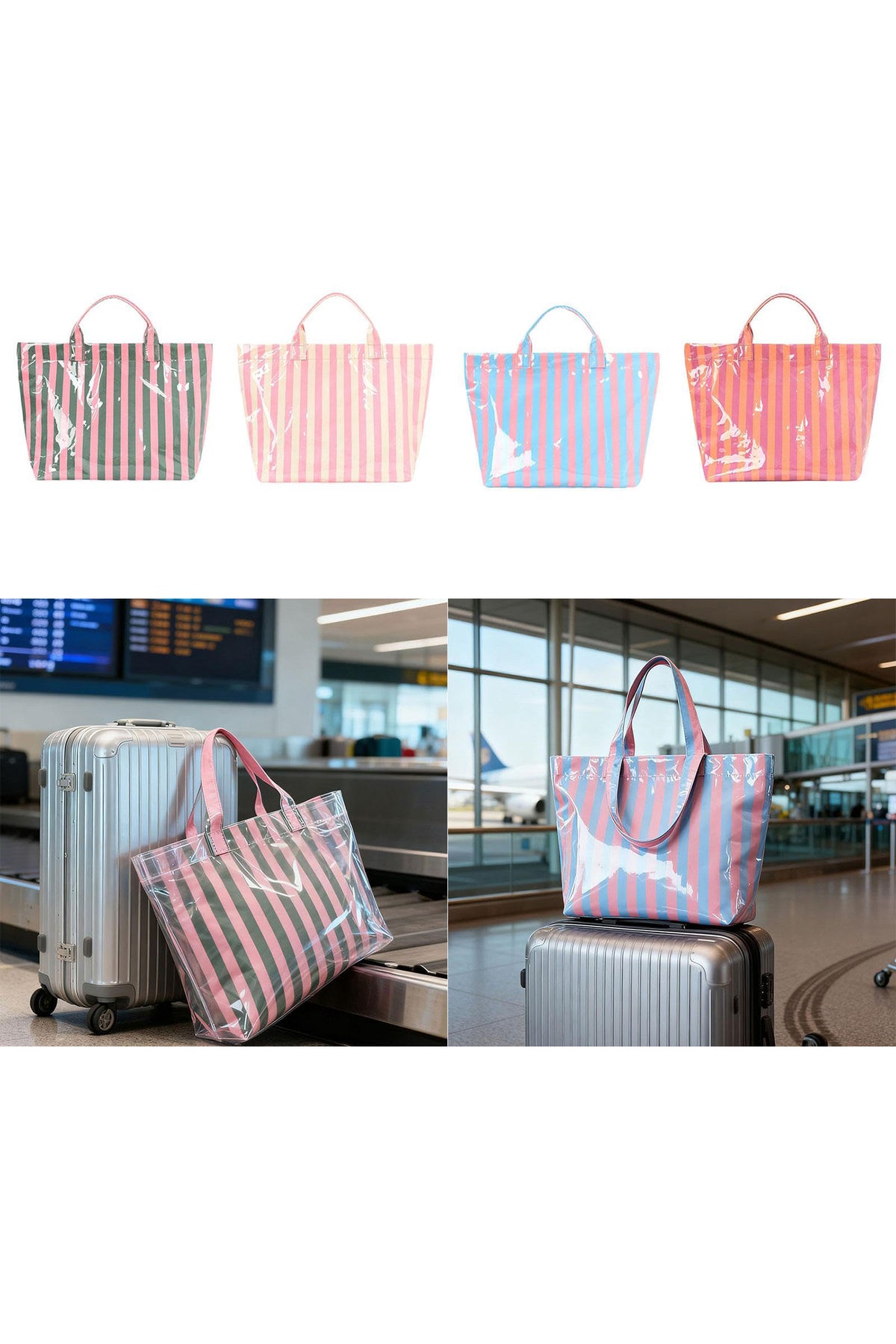 Light Blue Glossy Striped Vinyl Large Tote Bag (Color Varied)