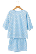 Sky Blue Polka Dot Oversized Top Drawstring Short Set