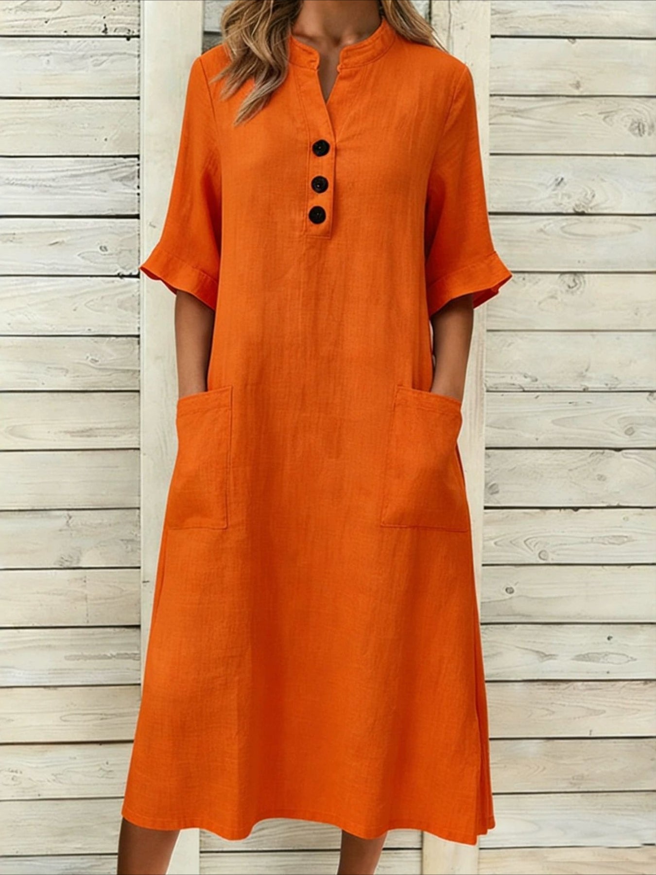 Solid Color Textured Half Sleeve V Neck Elegant Button Sundress Loose Fit High Waisted A Line Flowy Pockets Midi Dress