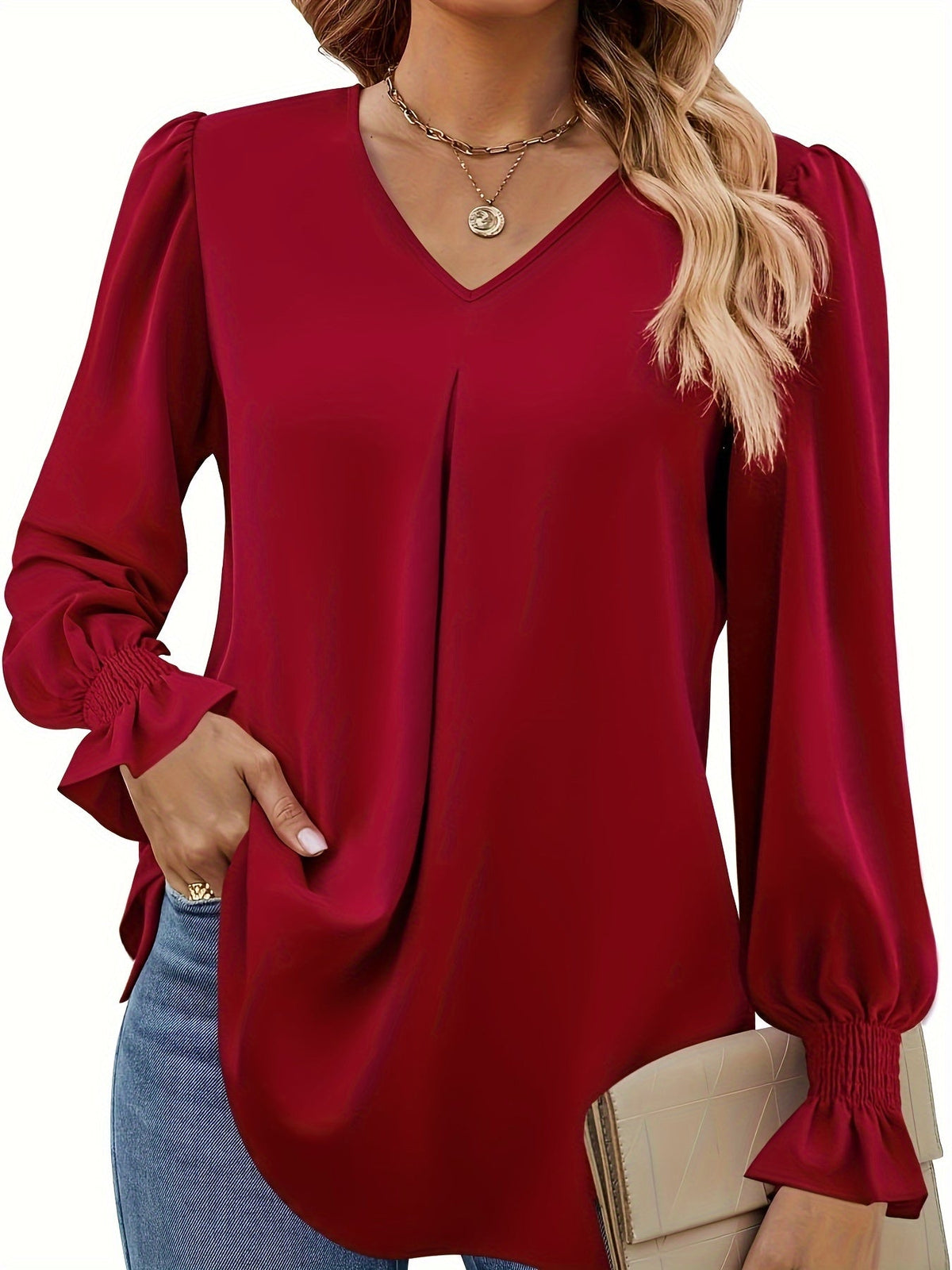 Solid V Neck Simple Blouse, Elegant Long Sleeve Ruched Blouse