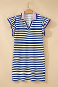 Dark Blue Striped Shift Dress Colorblock V Neck Short Sleeve Casual Summer