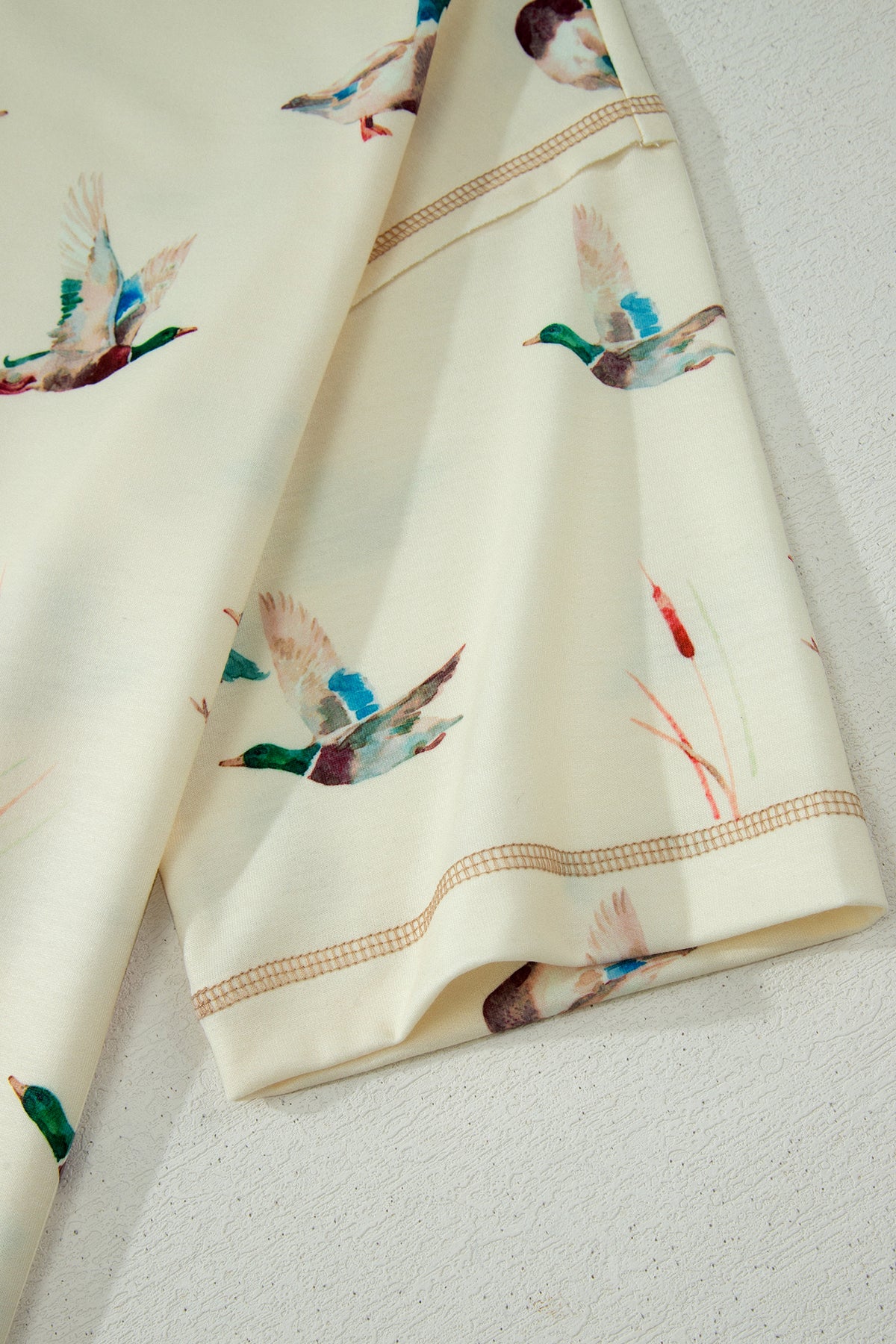 Beige Mallard Duck Print Oversized Tee Drawstring Short Set