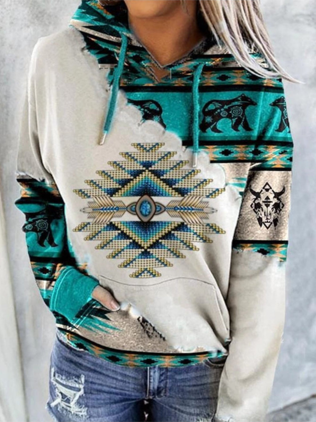 Aztec Geo Print Kangaroo Pocket Hoodie, Casual Long Sleeve Drawstring Hoodies Sweatshirt