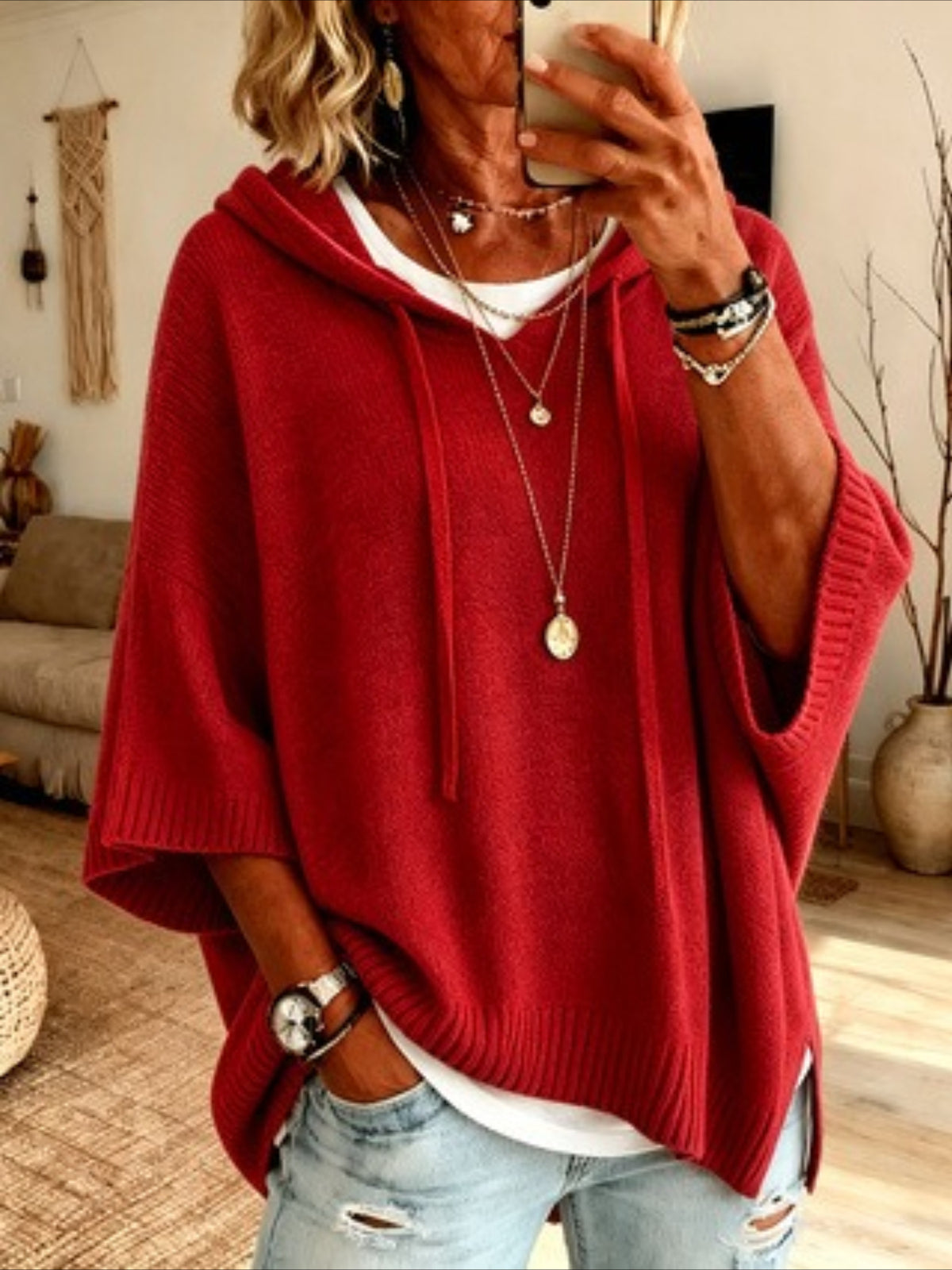 Solid Color Casual Hooded Batwing Sleeve Knit Sweater