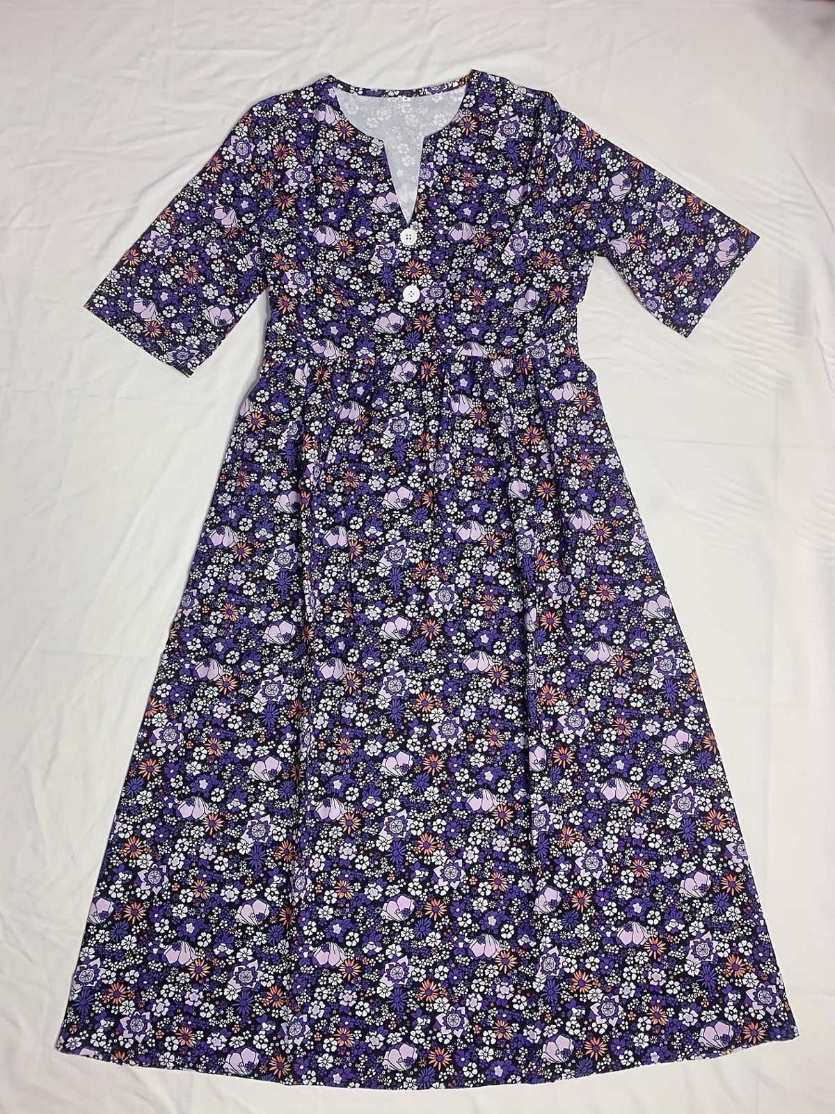 Ditsy Floral Print V Neck Dress, Casual Ruched Summer Dress With Pockets
