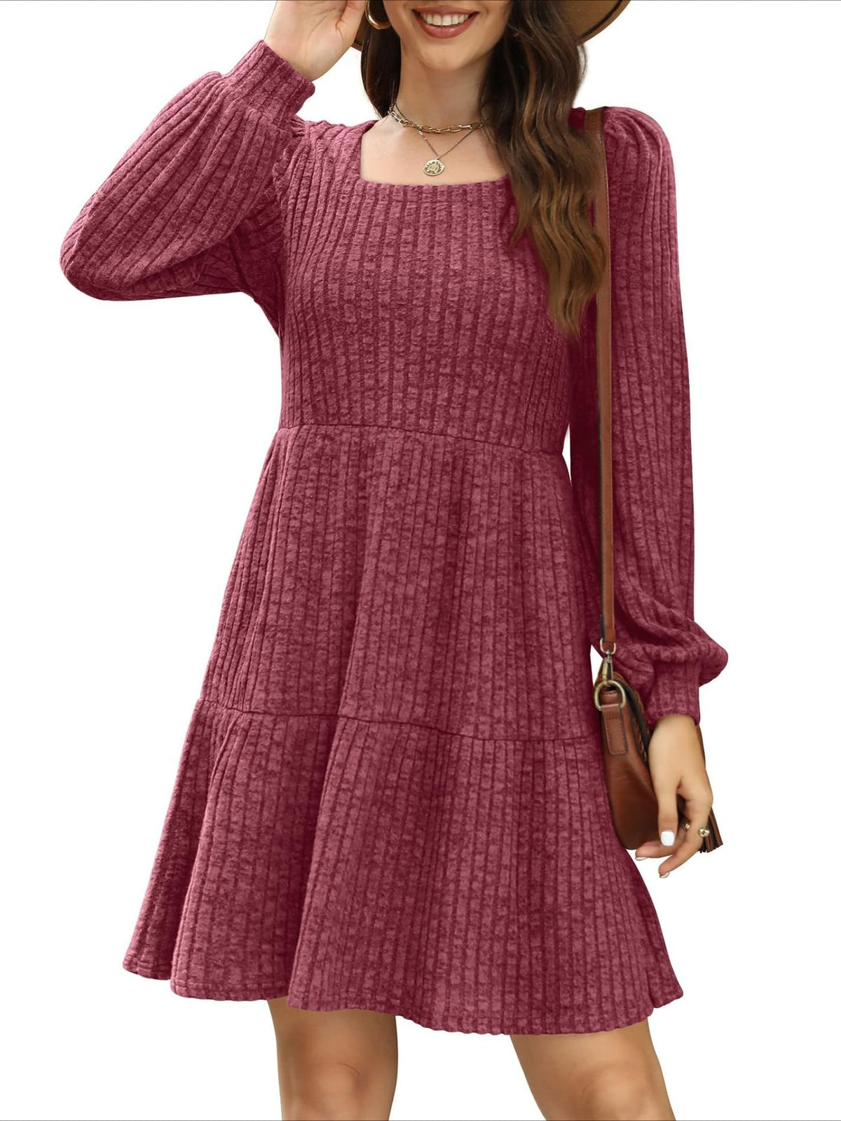 Square Neck Long Sleeve Dress with Pockets