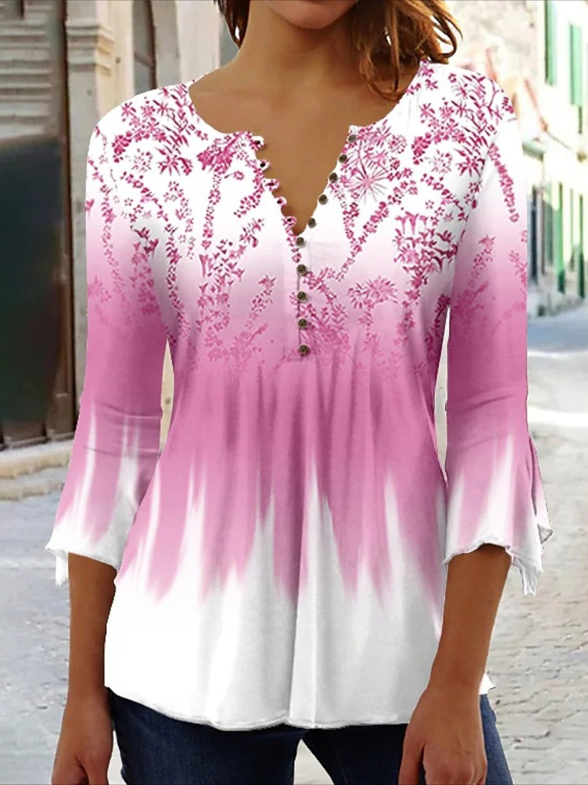 Casual Floral Print V-Neck 3/4 Sleeves Blouse