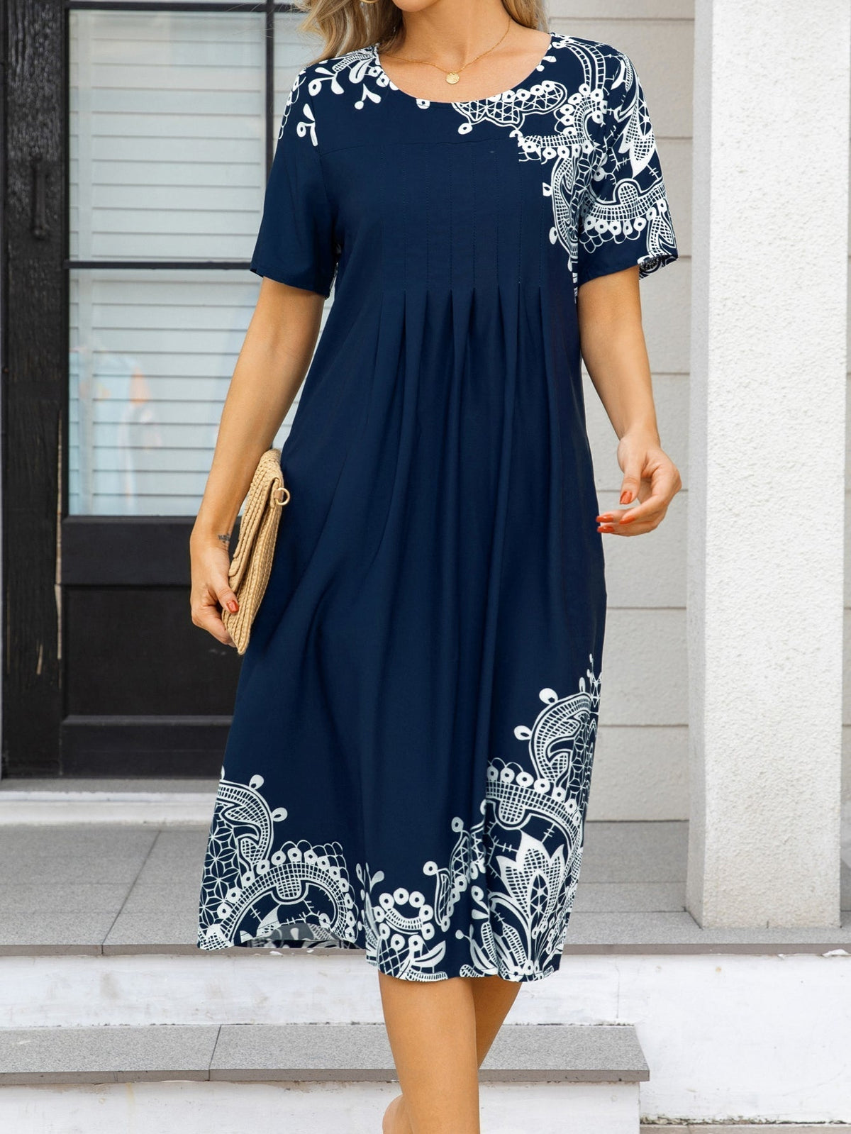 Mandala Print Short Sleeve Tucked Dress, Casual Crew Neck Dress