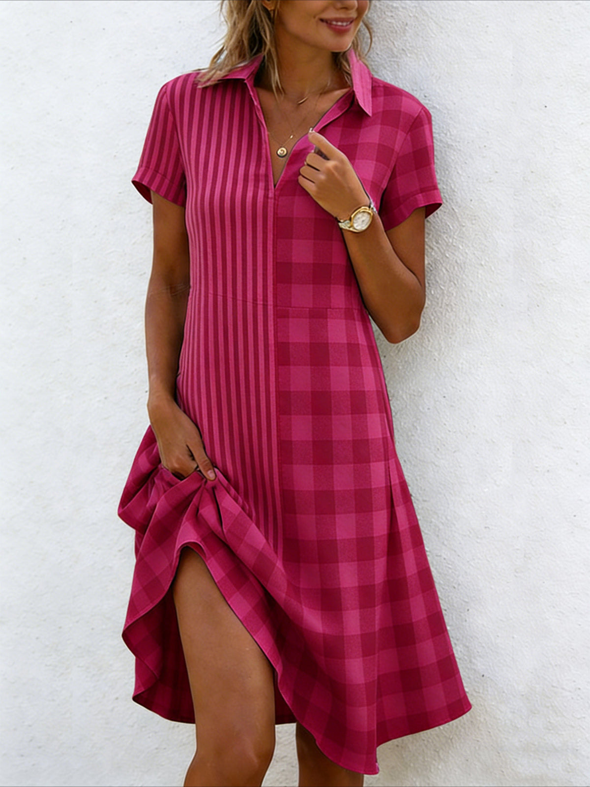 Elegant Loose Shawl Collar Geometric Shirt Dress