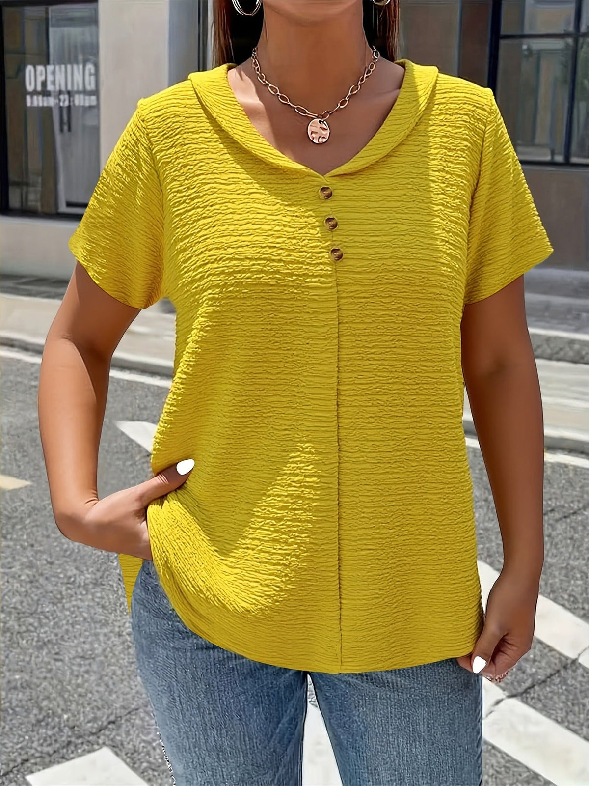 Elegant Solid Color Button- Doll Collar Short Sleeve T-Shirt